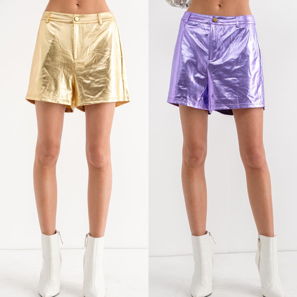 Faux Leather Metallic Stretch Shorts In Gold Or Purple