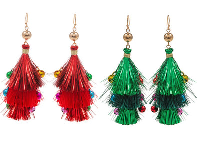 Jingle Bell Ornament Tassel Earrings in Red Or Green