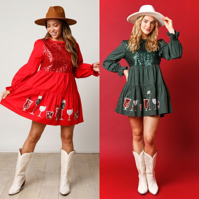 Holiday Drinks Mini Long Sleeve Dress In Red Or Green