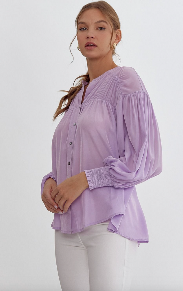 Lavender Solid V Neck Button Up Long Sleeve Blouse