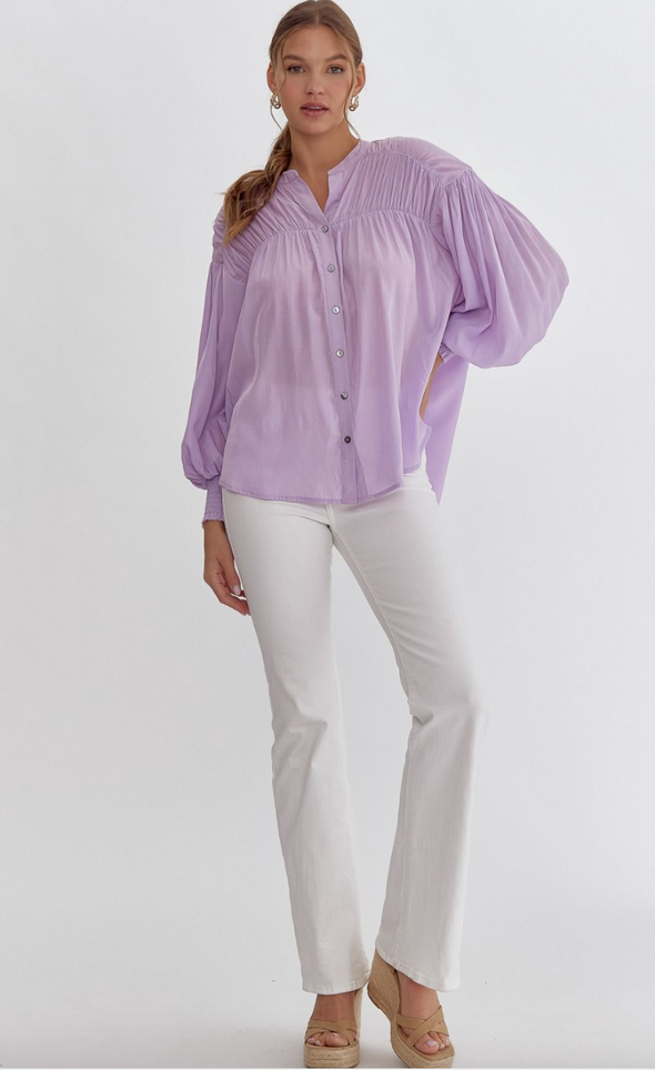 Lavender Solid V Neck Button Up Long Sleeve Blouse