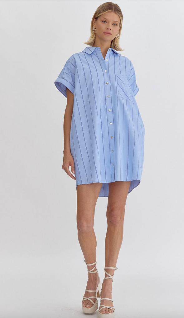 Stripe Print Button Down Short Sleeve Collared Mini Dress