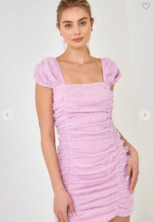 Lilac Ruched Mini Dress with Cap Sleeves