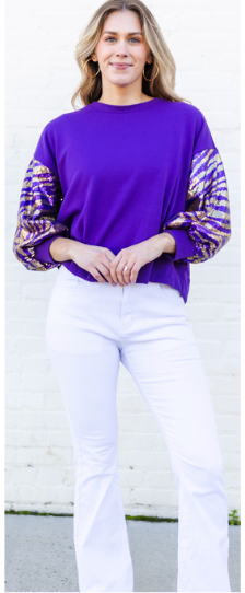 Millie Sequin Tiger StripeSweatshirt in Purple and Gold (S-XXL)