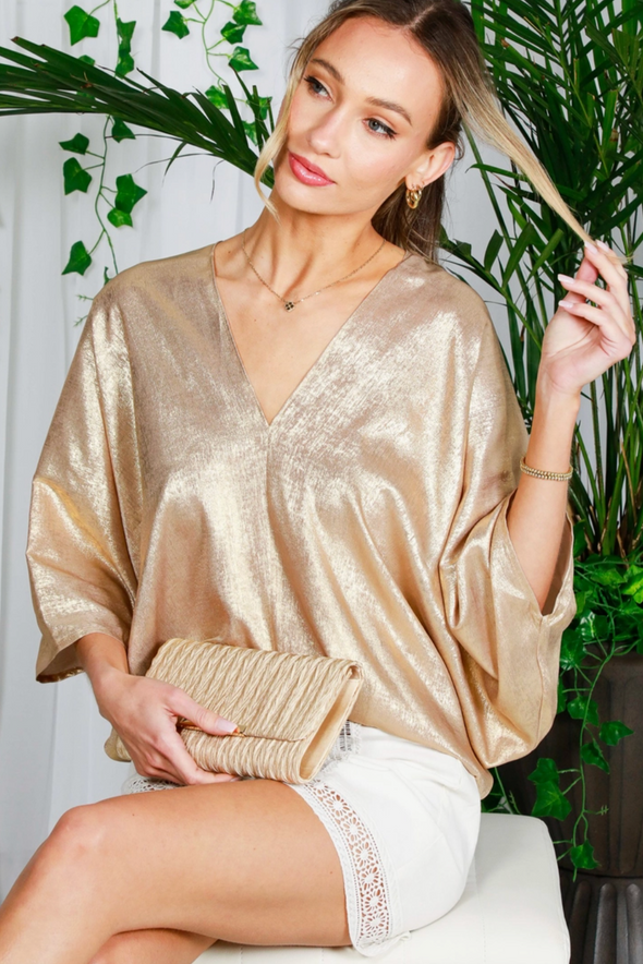 V Neck Doleman Sleeve Gold Foil Top