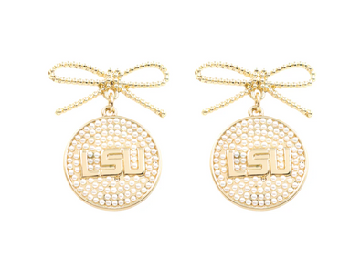 Brianna Cannon LSU Pearl Bow Medallion Earrings