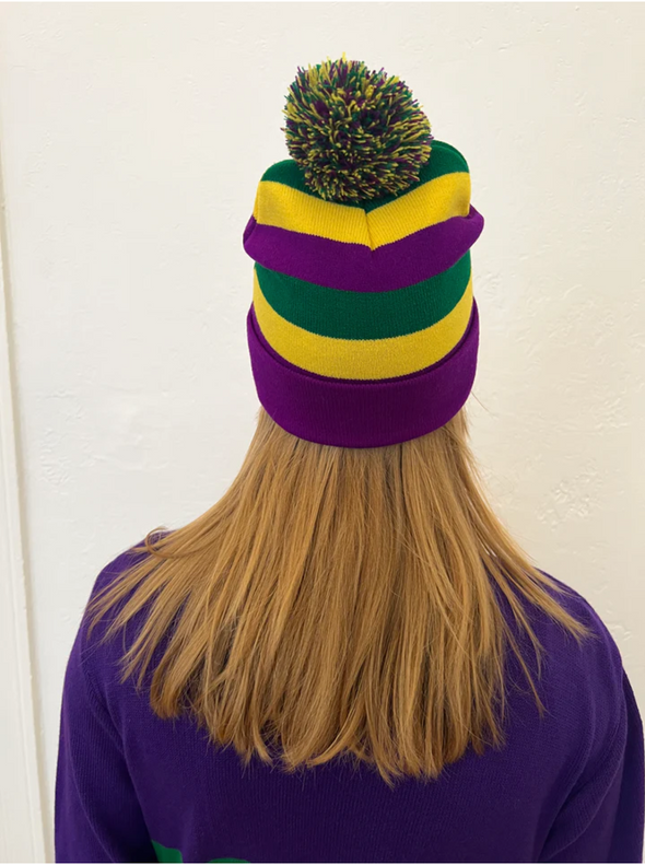 Adult Mardi Gras Rugby Beanie With Pom Pom