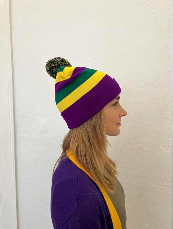 Adult Mardi Gras Rugby Beanie With Pom Pom