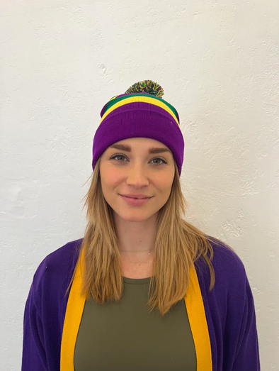 Adult Mardi Gras Rugby Beanie With Pom Pom