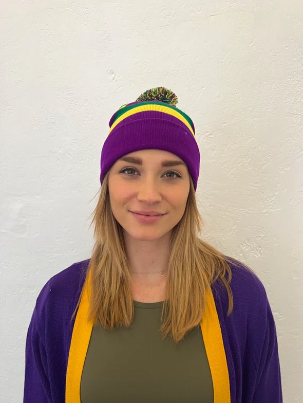 Adult Mardi Gras Rugby Beanie With Pom Pom