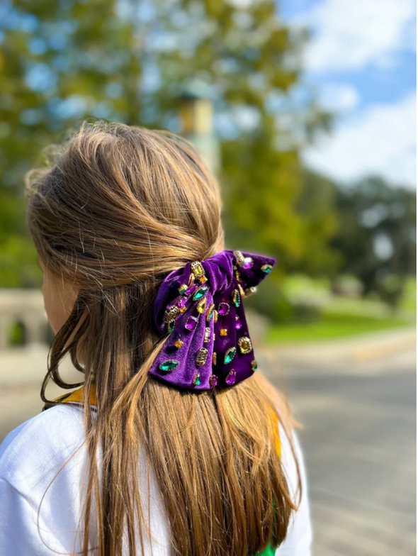 Mardi Gras Bejeweled Velvet Bow In 3 Colors