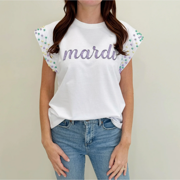 White Mardi Pearl Flutter Sleeve Top (S-2XL)