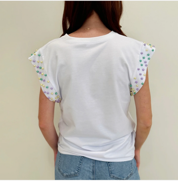 White Mardi Pearl Flutter Sleeve Top (S-2XL)