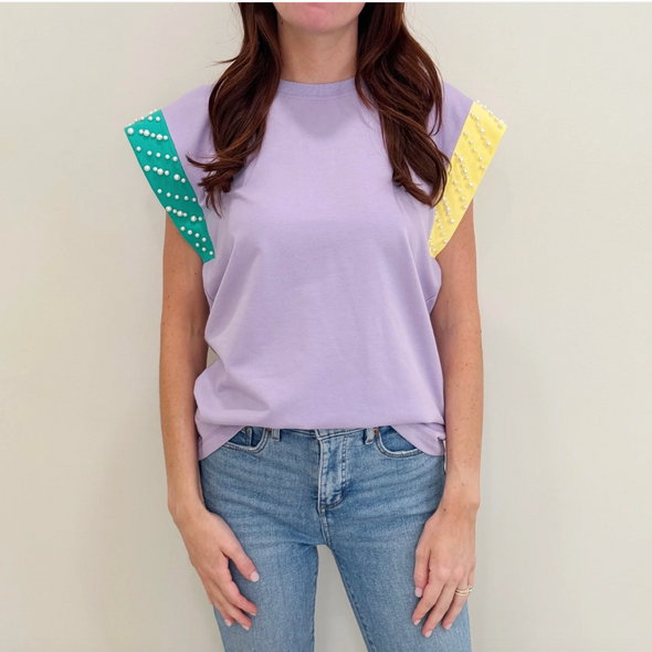 Pastel Mardi Gras Paerl Flutter Sleeve Top (S-2XL)