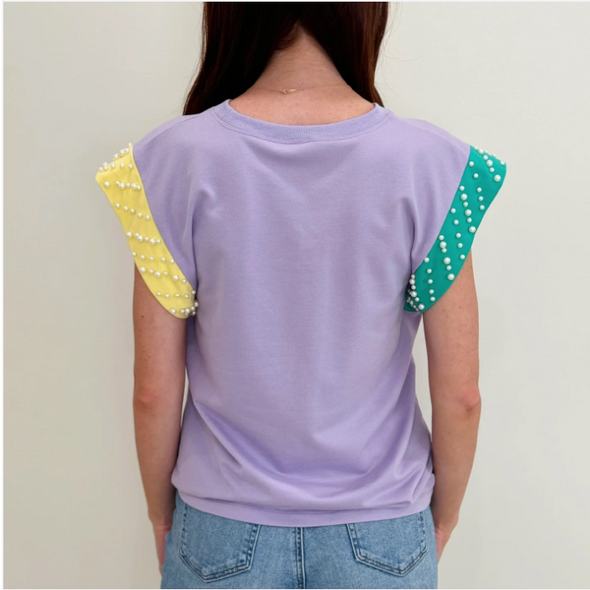 Pastel Mardi Gras Paerl Flutter Sleeve Top (S-2XL)