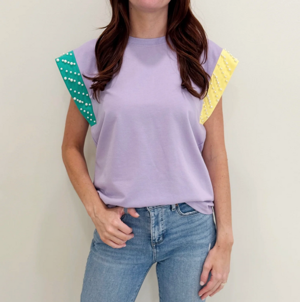 Pastel Mardi Gras Paerl Flutter Sleeve Top (S-2XL)