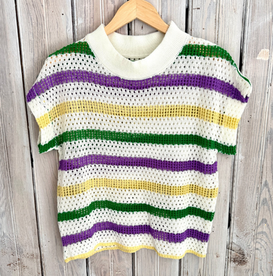 Mardi Gras Stripe Loose Knit Short Sleeve Top (XS-2XL)