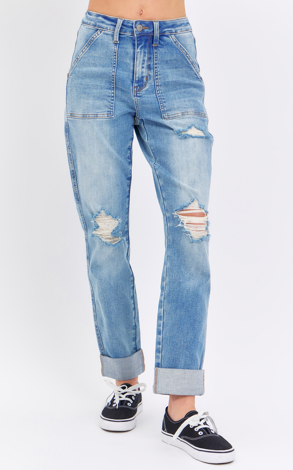 Judy Blue HW Patch Pocket And Destroy Boyfriend Jeans