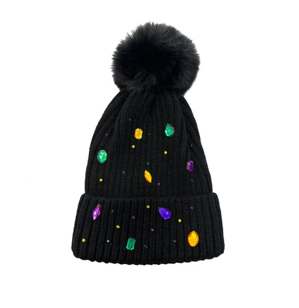 Mardi Gras Rhinestone Beanie In Black Or White