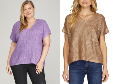 Short Sleeve V Neck Metallic Coated Sweater Top In 2 Colors