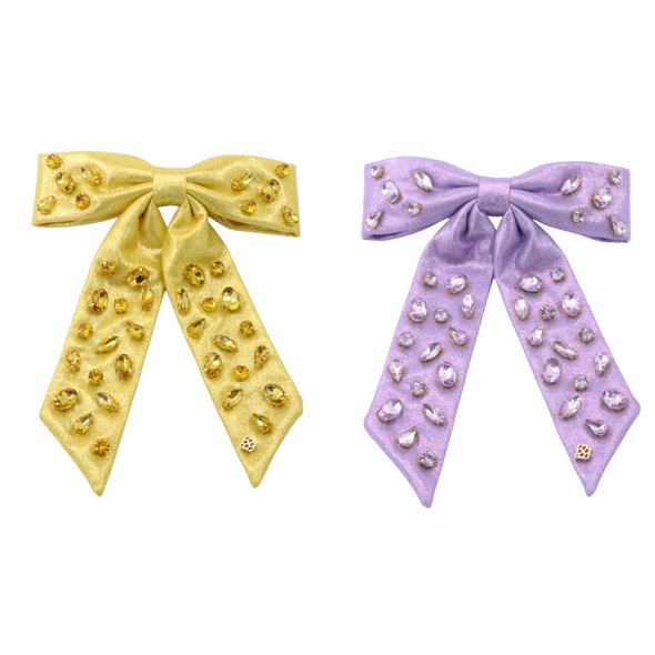 Brianna Cannon Shimmer Bow Barrette in Purple or Yellow with Hand Sawn Crystals