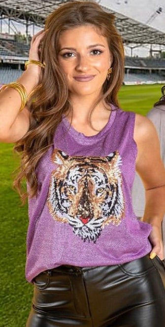 Purple Tiger Head Glitter Tank (S-XXL)