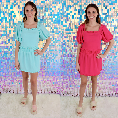 Solid Top with Ruffles and Ruffle Skirt in Seafoam or Fuchsia (Sold Separately)