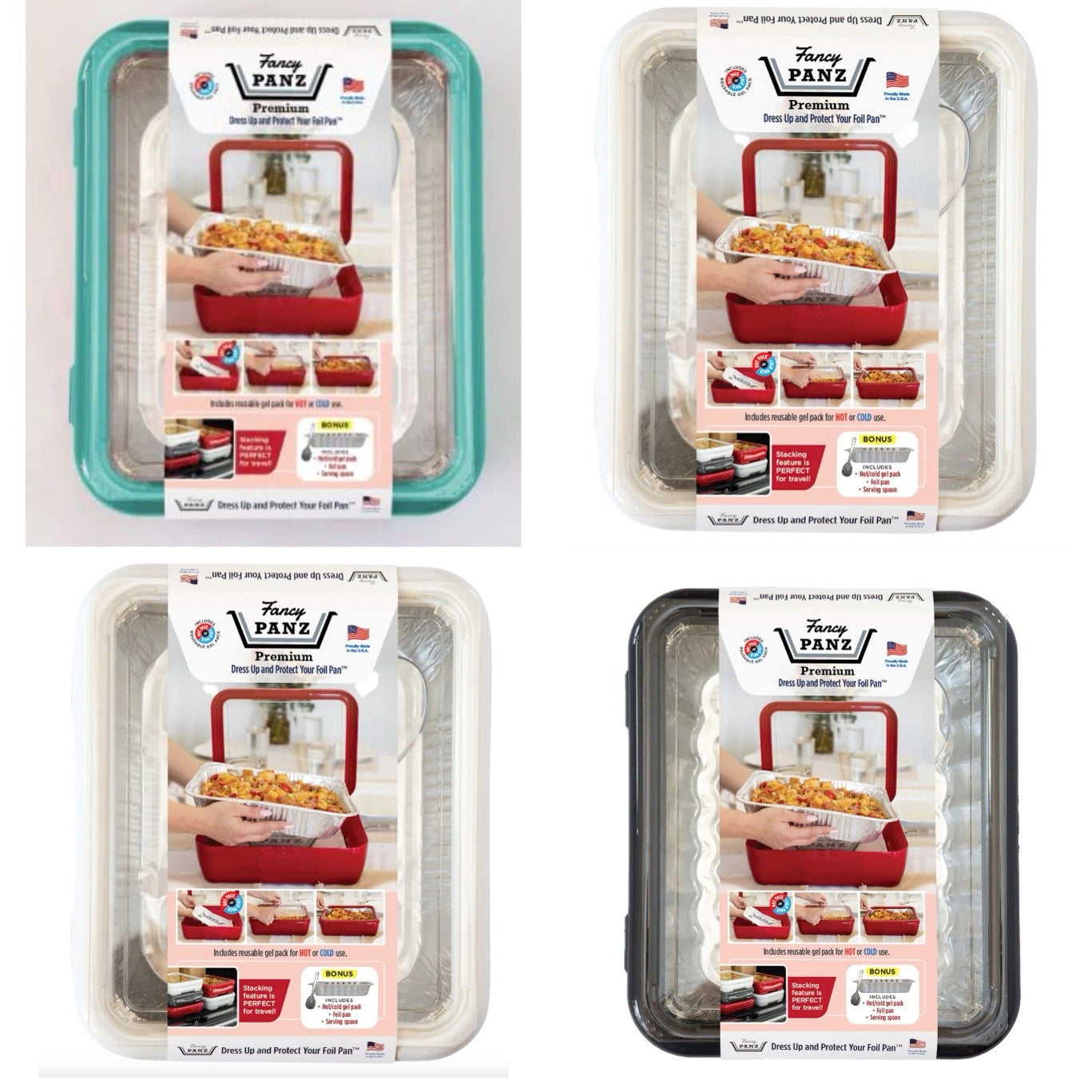  Fancy Panz Premium Dress Up & Protect Your Foil Pan, Made in  USA. Hot/Cold Gel Pack, One Half Sized Foil Pan & Serving Spoon Included.  Stackable for easy travel. (White): Home